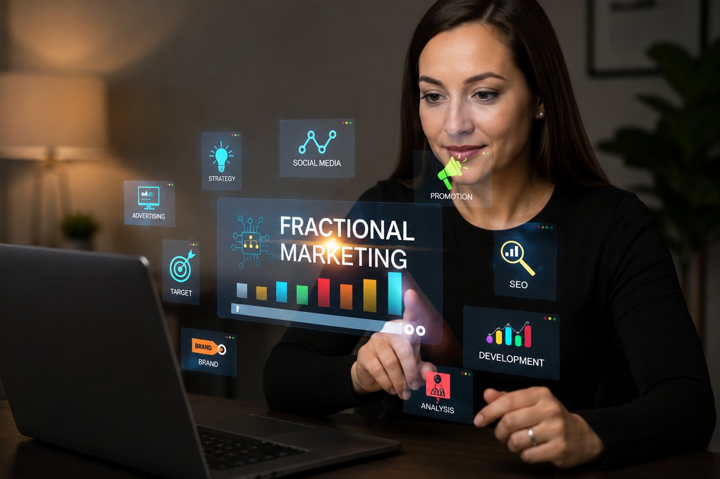 Jessica Goldberg-Albers reviewing a fractional marketing dashboard covering strategy, advertising, SEO, brand and analytics