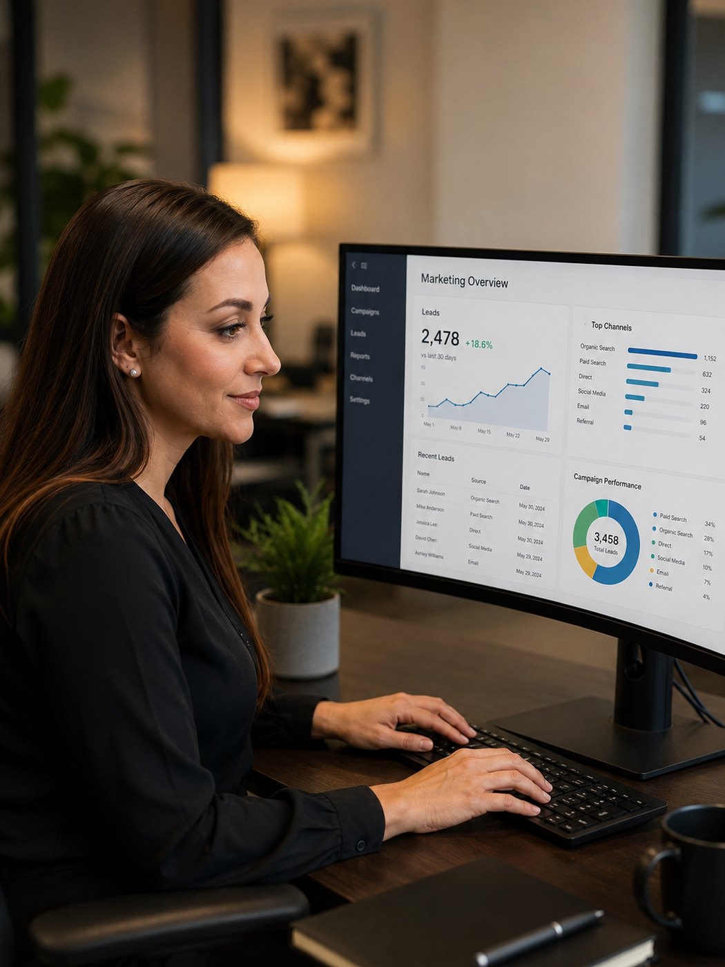 A marketing overview dashboard on a desktop monitor showing lead volume over time and performance by channel