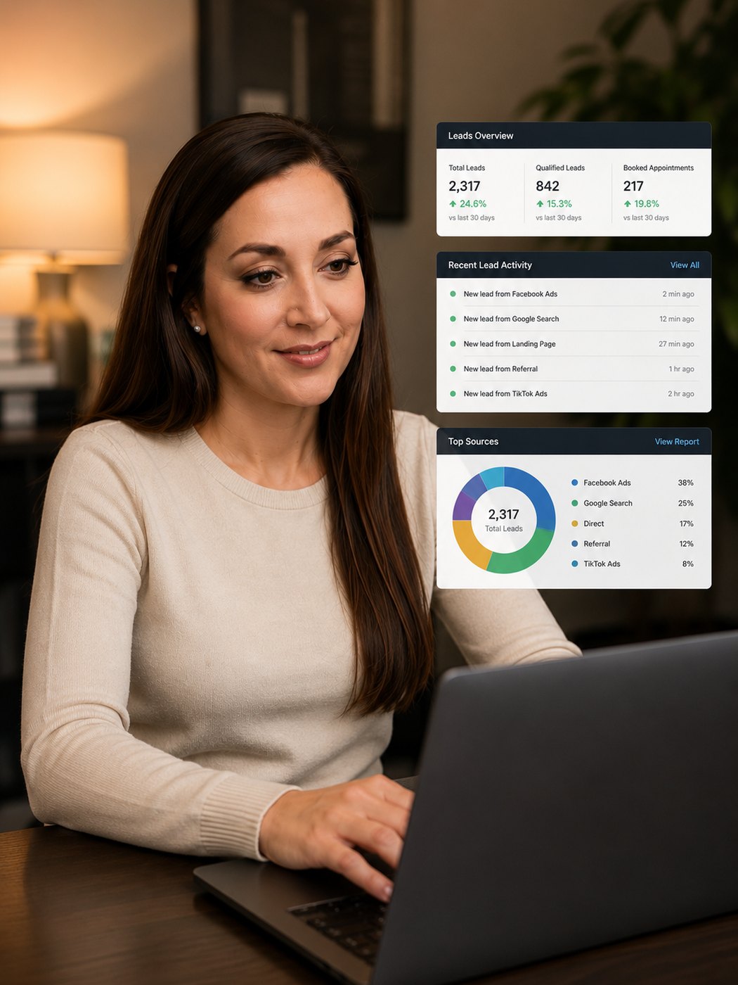 A marketing lead dashboard showing total leads, qualified leads and booked appointments beside a chart of top lead sources