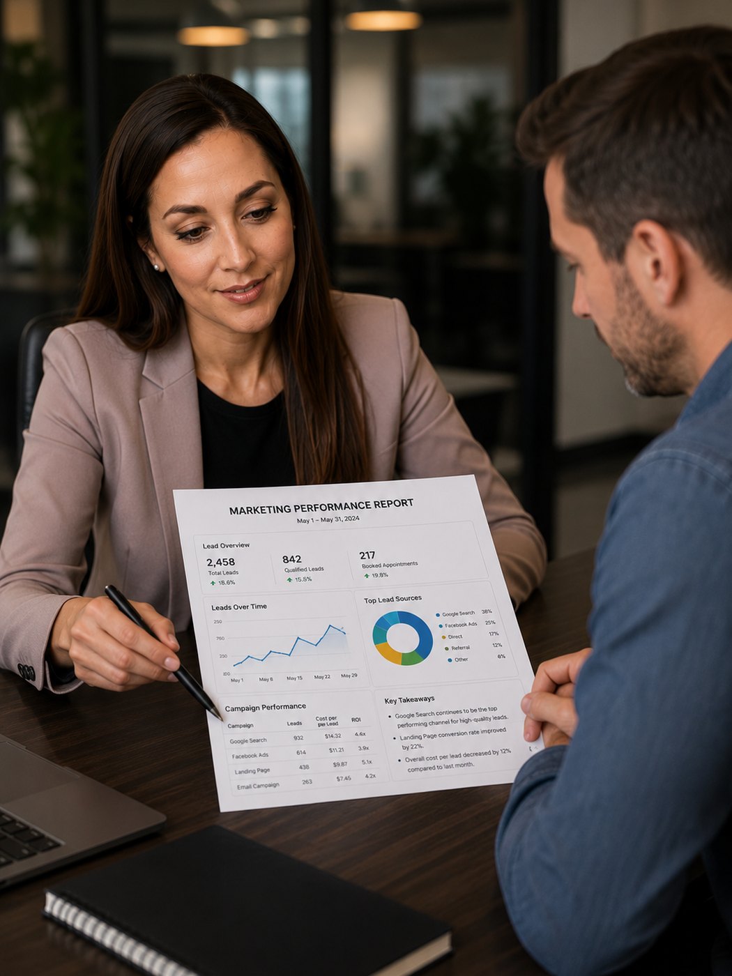 A one-page marketing performance report being walked through across a desk, showing lead totals, cost per lead and key takeaways