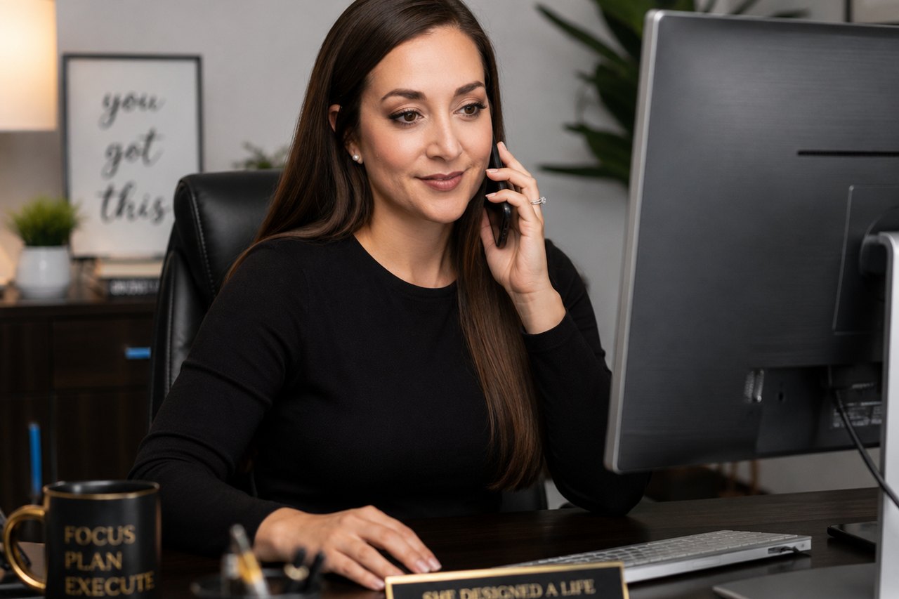 Jessica Goldberg-Albers on a client call at her desk