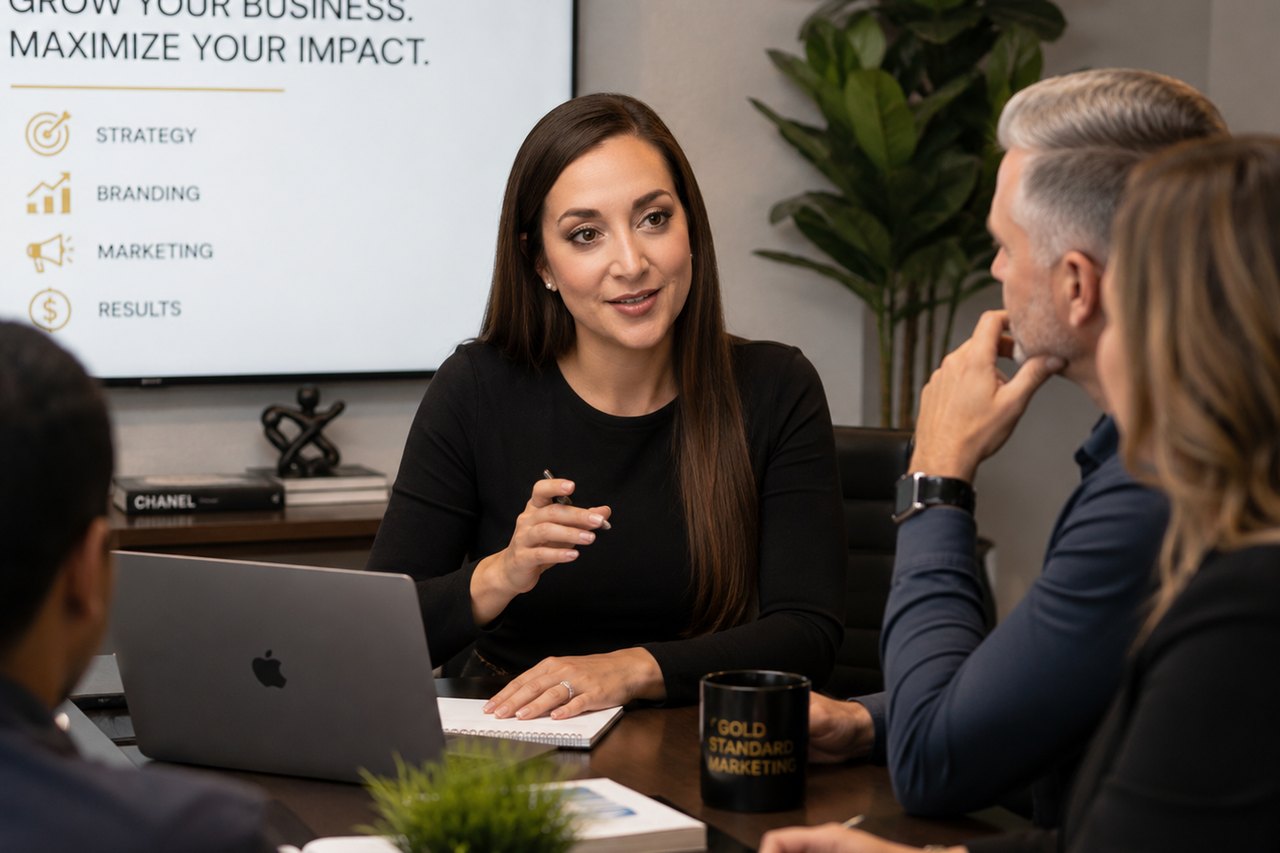 Jessica Goldberg-Albers leading a marketing strategy session with a client team